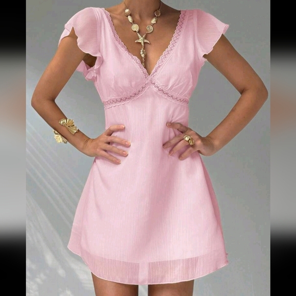 Elegant Sexy Charming Ruffle Sleeve A-Line Deep V-Neck Backbow Mini Dress - Picture 1 of 4